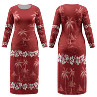 Red Hawaii Palm Tree Hibiscus Family Matching Long Sleeve Bodycon Dress and Hawaiian Shirt Fantasy Summer Vibe LT01 Mom's Dress Red - Polynesian Pride