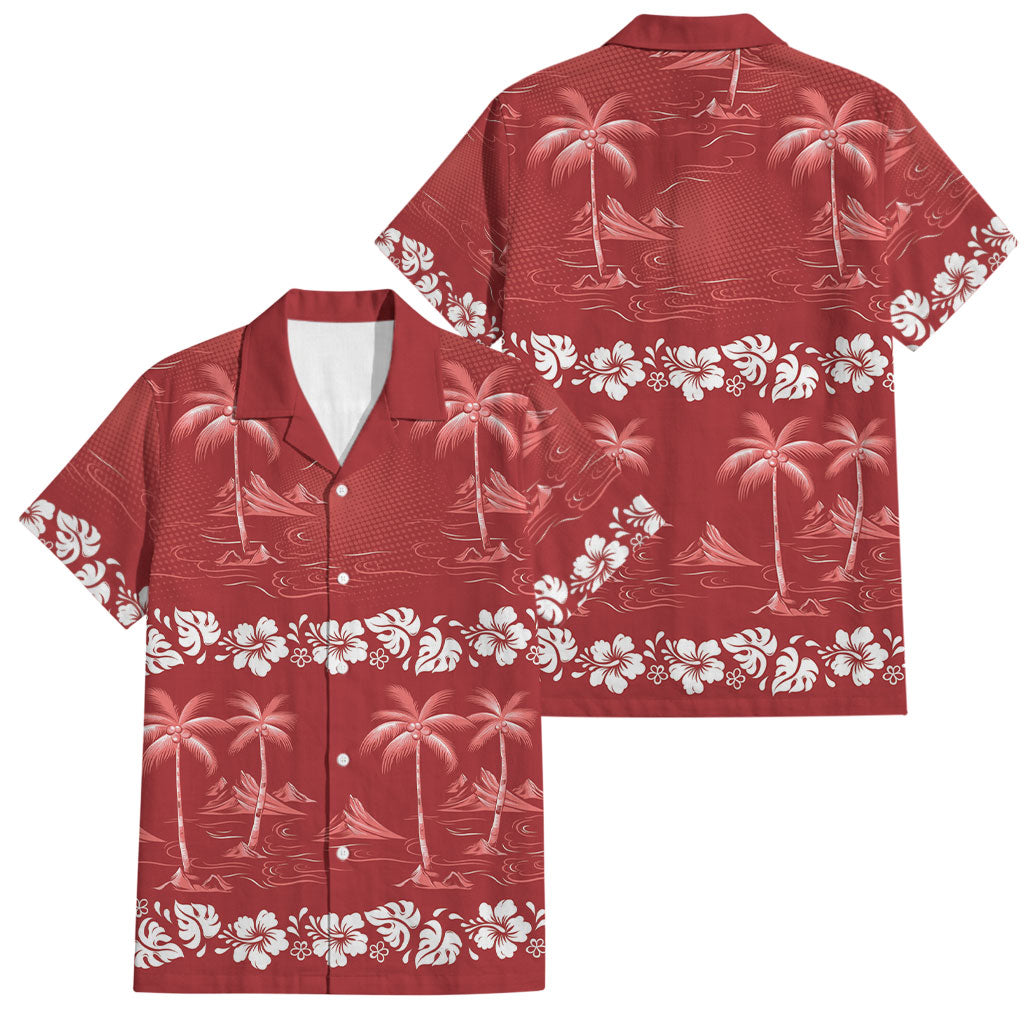 Red Hawaii Palm Tree Hibiscus Family Matching Long Sleeve Bodycon Dress and Hawaiian Shirt Fantasy Summer Vibe LT01 Dad's Shirt - Short Sleeve Red - Polynesian Pride