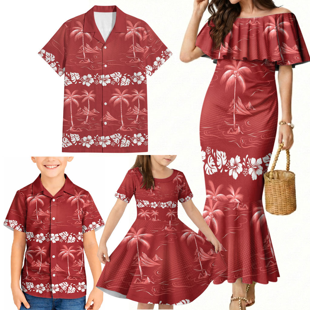 Red Hawaii Palm Tree Hibiscus Family Matching Mermaid Dress and Hawaiian Shirt Fantasy Summer Vibe LT01 - Polynesian Pride