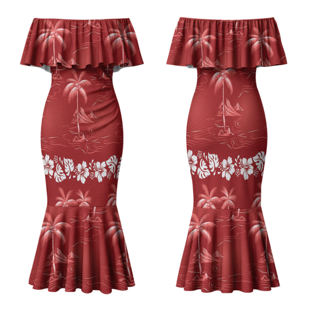 Red Hawaii Palm Tree Hibiscus Family Matching Mermaid Dress and Hawaiian Shirt Fantasy Summer Vibe LT01 Mom's Dress Red - Polynesian Pride