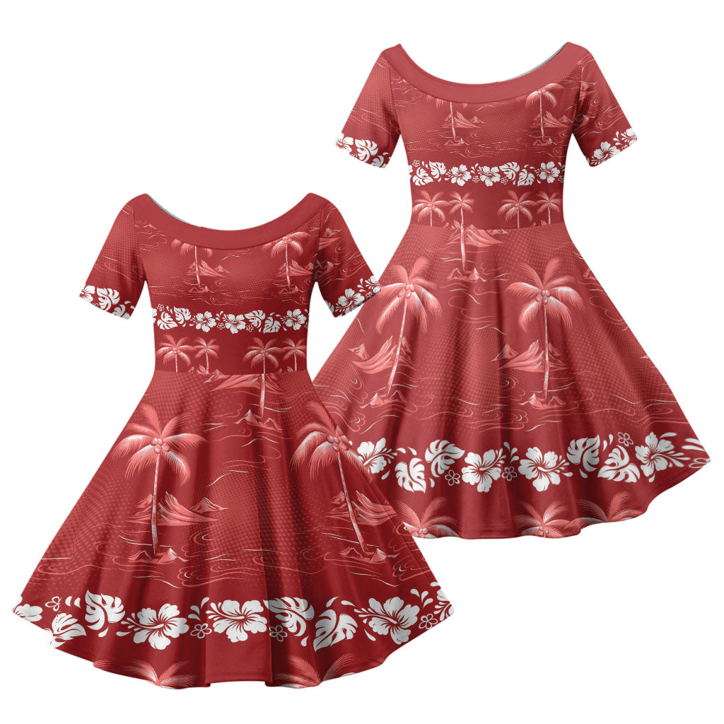 Red Hawaii Palm Tree Hibiscus Family Matching Mermaid Dress and Hawaiian Shirt Fantasy Summer Vibe LT01 Daughter's Dress Red - Polynesian Pride