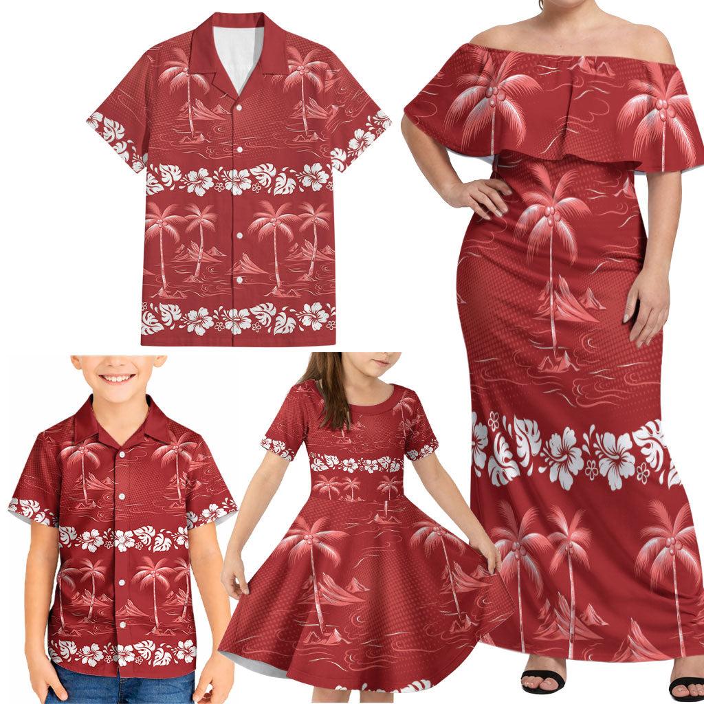 Red Hawaii Palm Tree Hibiscus Family Matching Off Shoulder Maxi Dress and Hawaiian Shirt Fantasy Summer Vibe LT01 - Polynesian Pride