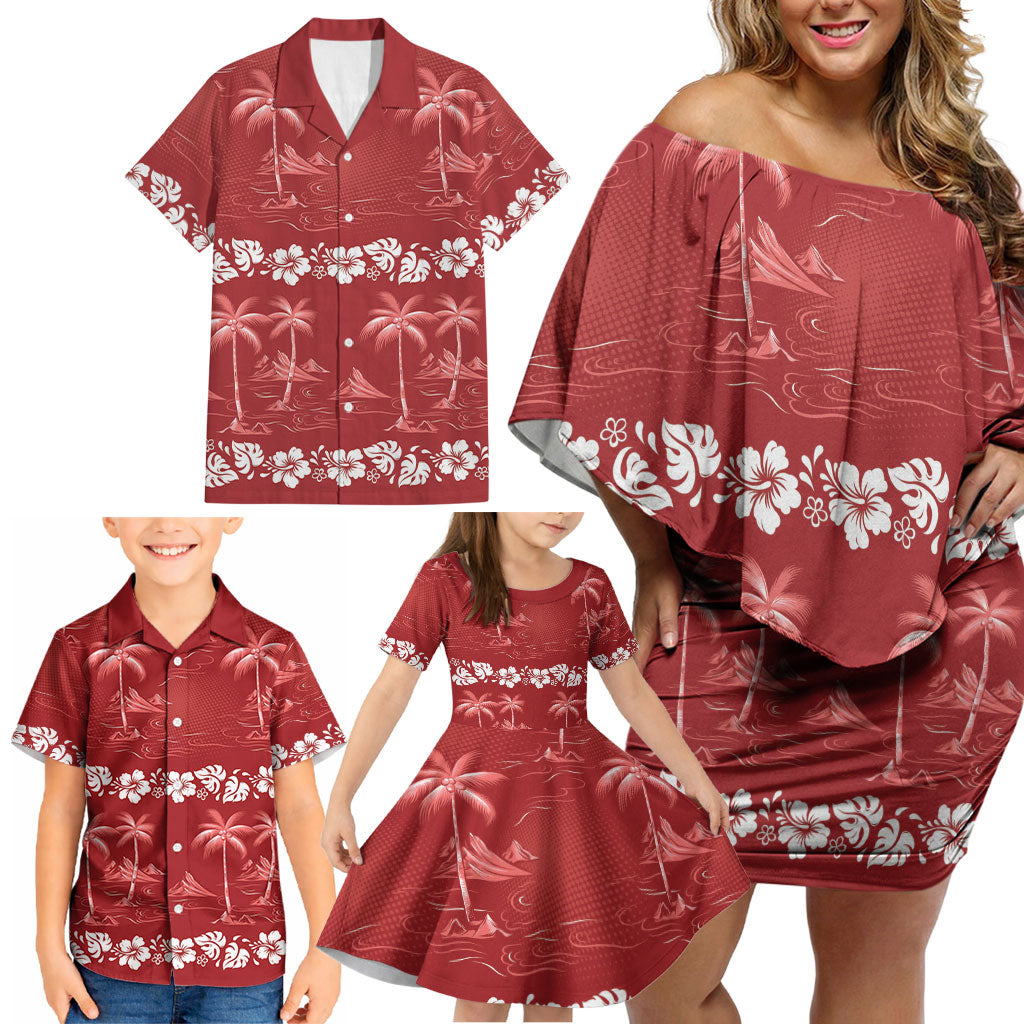 Red Hawaii Palm Tree Hibiscus Family Matching Off Shoulder Short Dress and Hawaiian Shirt Fantasy Summer Vibe
