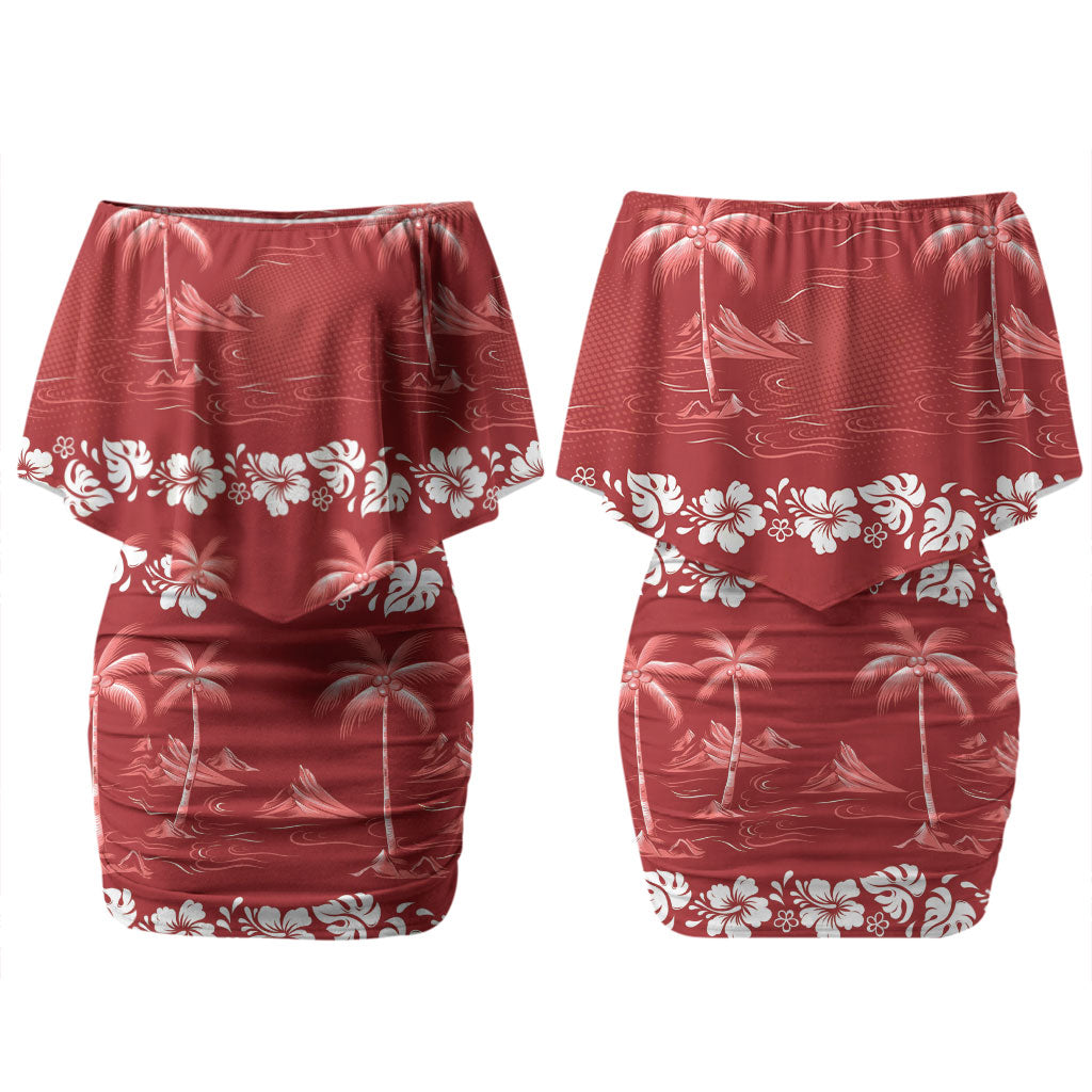 Red Hawaii Palm Tree Hibiscus Family Matching Off Shoulder Short Dress and Hawaiian Shirt Fantasy Summer Vibe