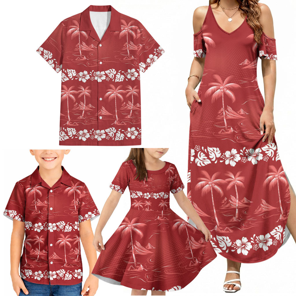Red Hawaii Palm Tree Hibiscus Family Matching Summer Maxi Dress and Hawaiian Shirt Fantasy Summer Vibe LT01 - Polynesian Pride