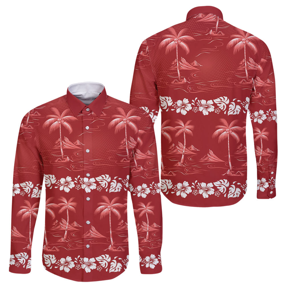 Red Hawaii Palm Tree Hibiscus Family Matching Summer Maxi Dress and Hawaiian Shirt Fantasy Summer Vibe LT01 Dad's Shirt - Long Sleeve Red - Polynesian Pride