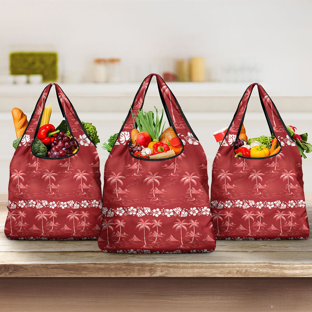 Red Hawaii Palm Tree Hibiscus Grocery Bag Fantasy Summer Vibe LT01 3-pack One Size Red - Polynesian Pride