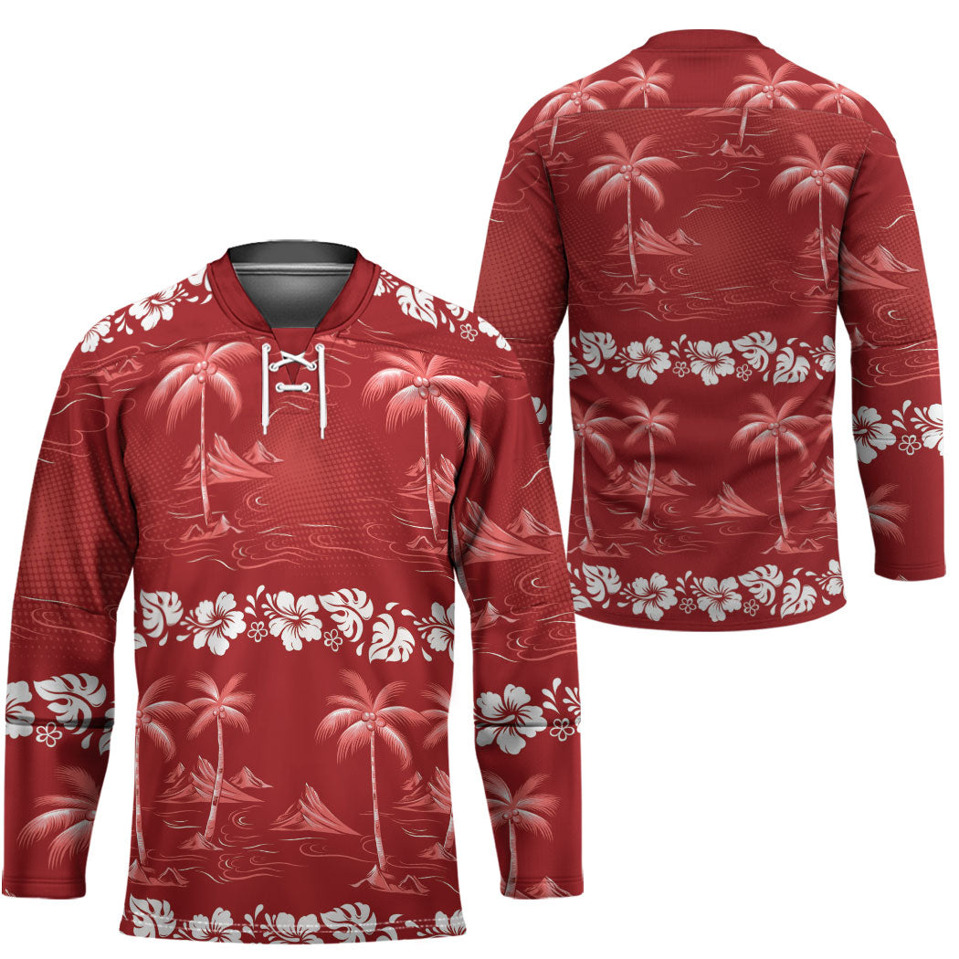 Red Hawaii Palm Tree Hibiscus Hockey Jersey Fantasy Summer Vibe