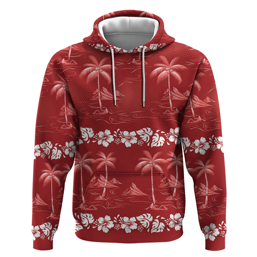 Red Hawaii Palm Tree Hibiscus Hoodie Fantasy Summer Vibe LT01 Pullover Hoodie Red - Polynesian Pride