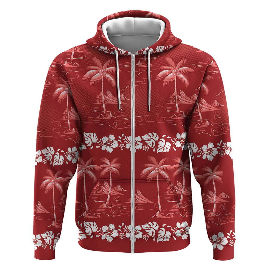 Red Hawaii Palm Tree Hibiscus Hoodie Fantasy Summer Vibe LT01 Zip Hoodie Red - Polynesian Pride