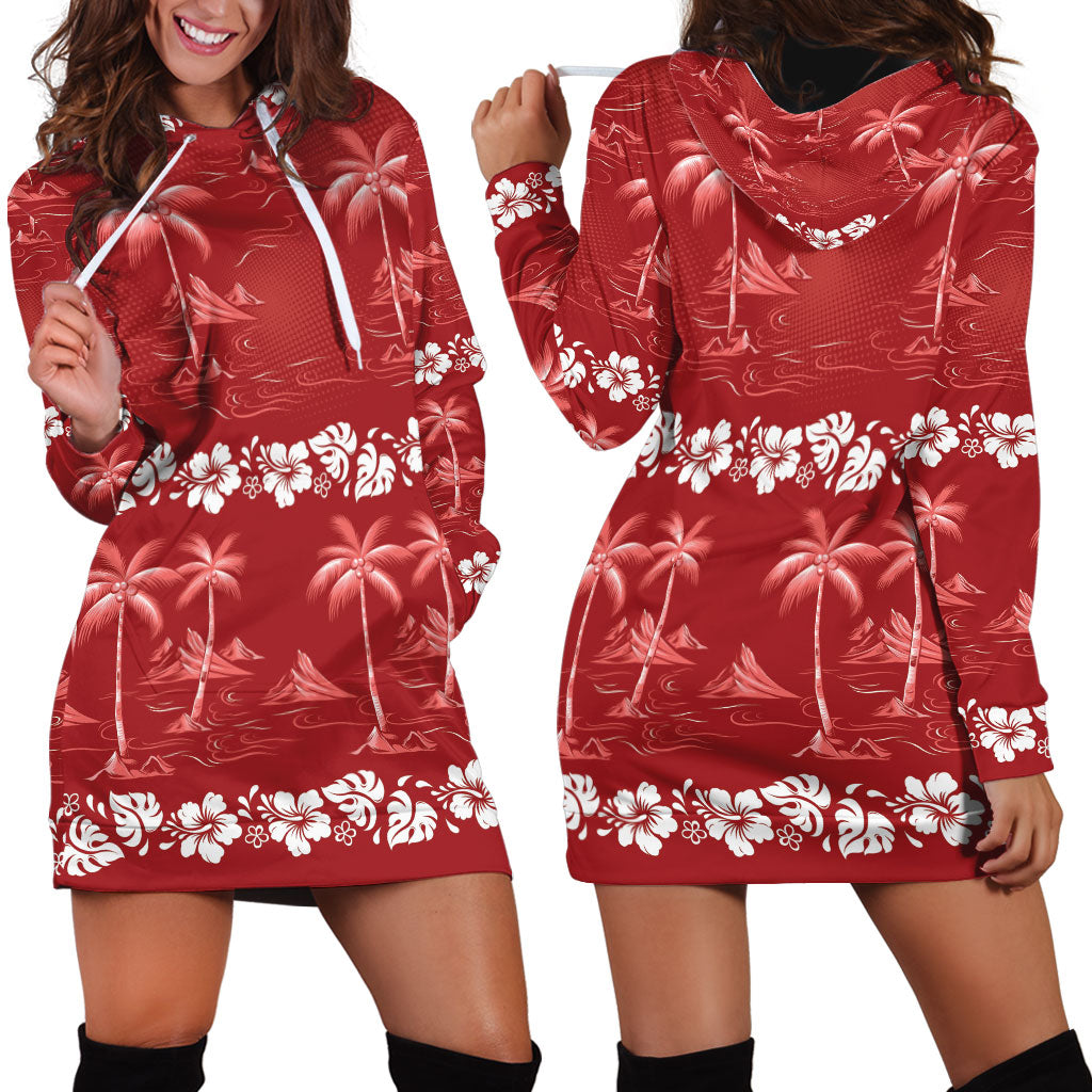 Red Hawaii Palm Tree Hibiscus Hoodie Dress Fantasy Summer Vibe LT01 - Polynesian Pride