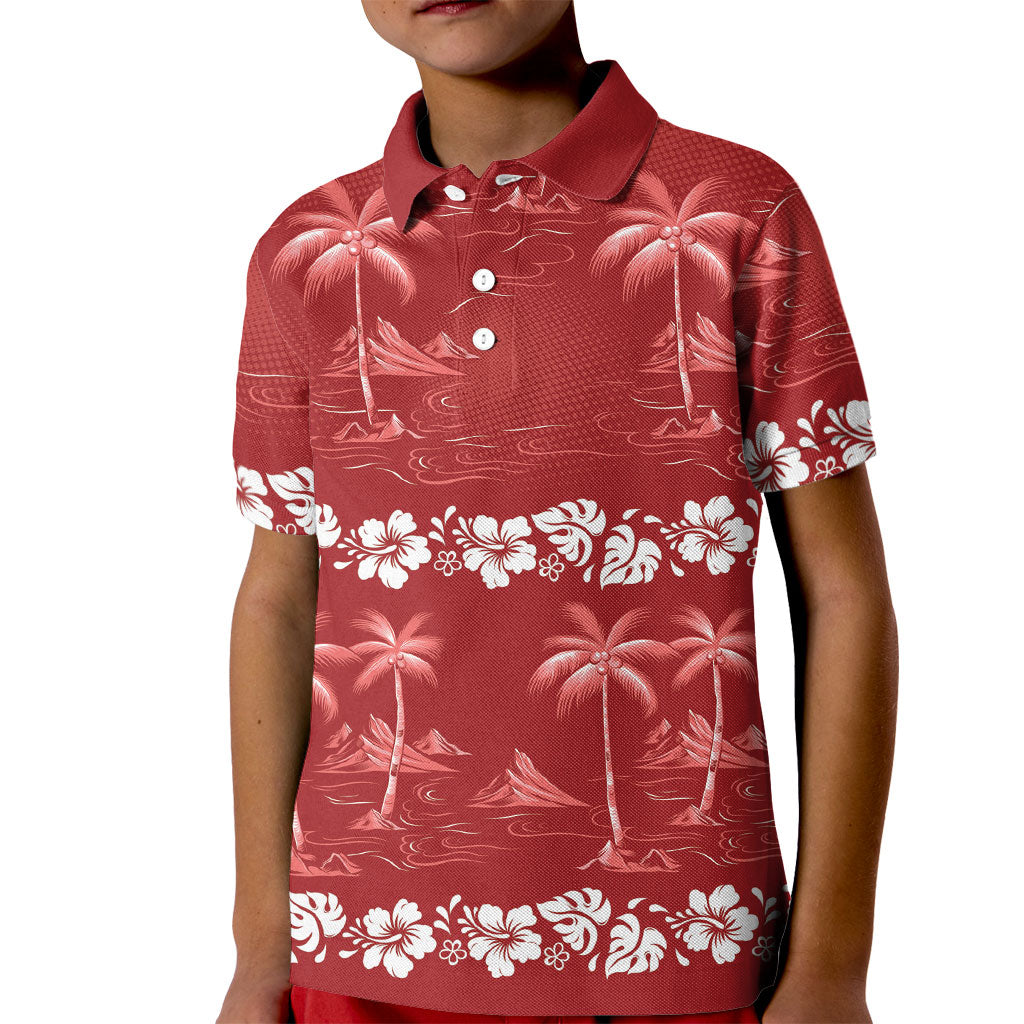 Red Hawaii Palm Tree Hibiscus Kid Polo Shirt Fantasy Summer Vibe LT01 Kid Red - Polynesian Pride