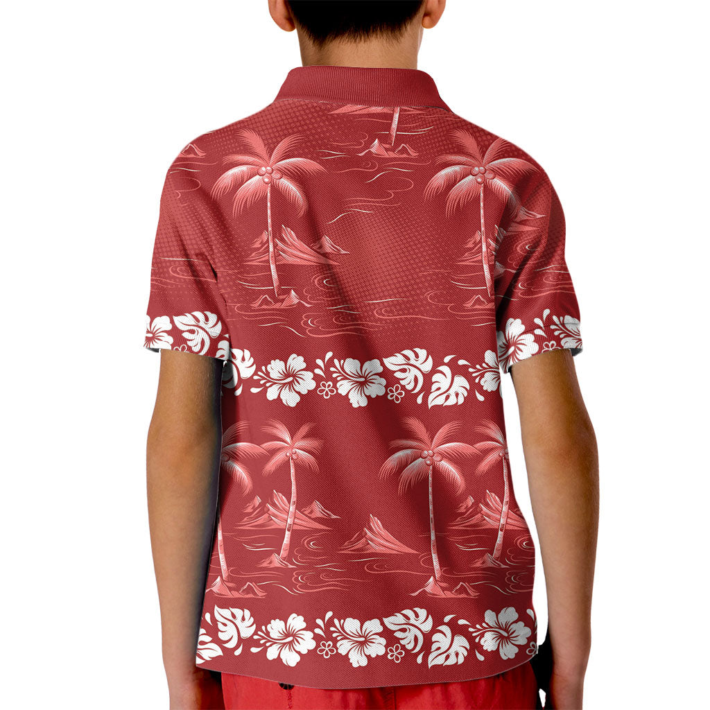Red Hawaii Palm Tree Hibiscus Kid Polo Shirt Fantasy Summer Vibe LT01 - Polynesian Pride