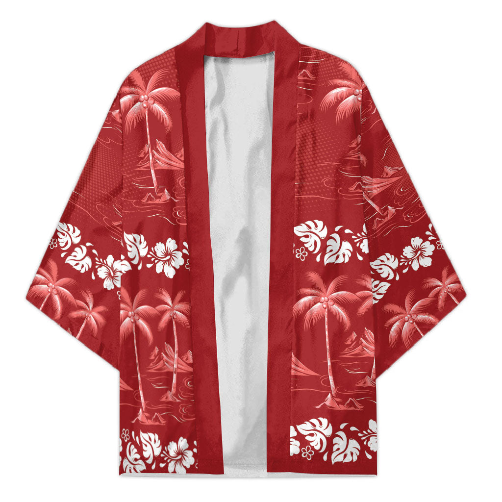 Red Hawaii Palm Tree Hibiscus Kimono Fantasy Summer Vibe