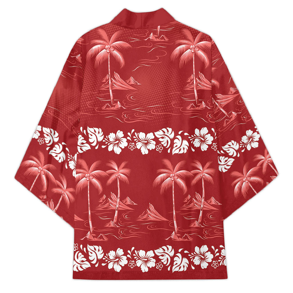 Red Hawaii Palm Tree Hibiscus Kimono Fantasy Summer Vibe