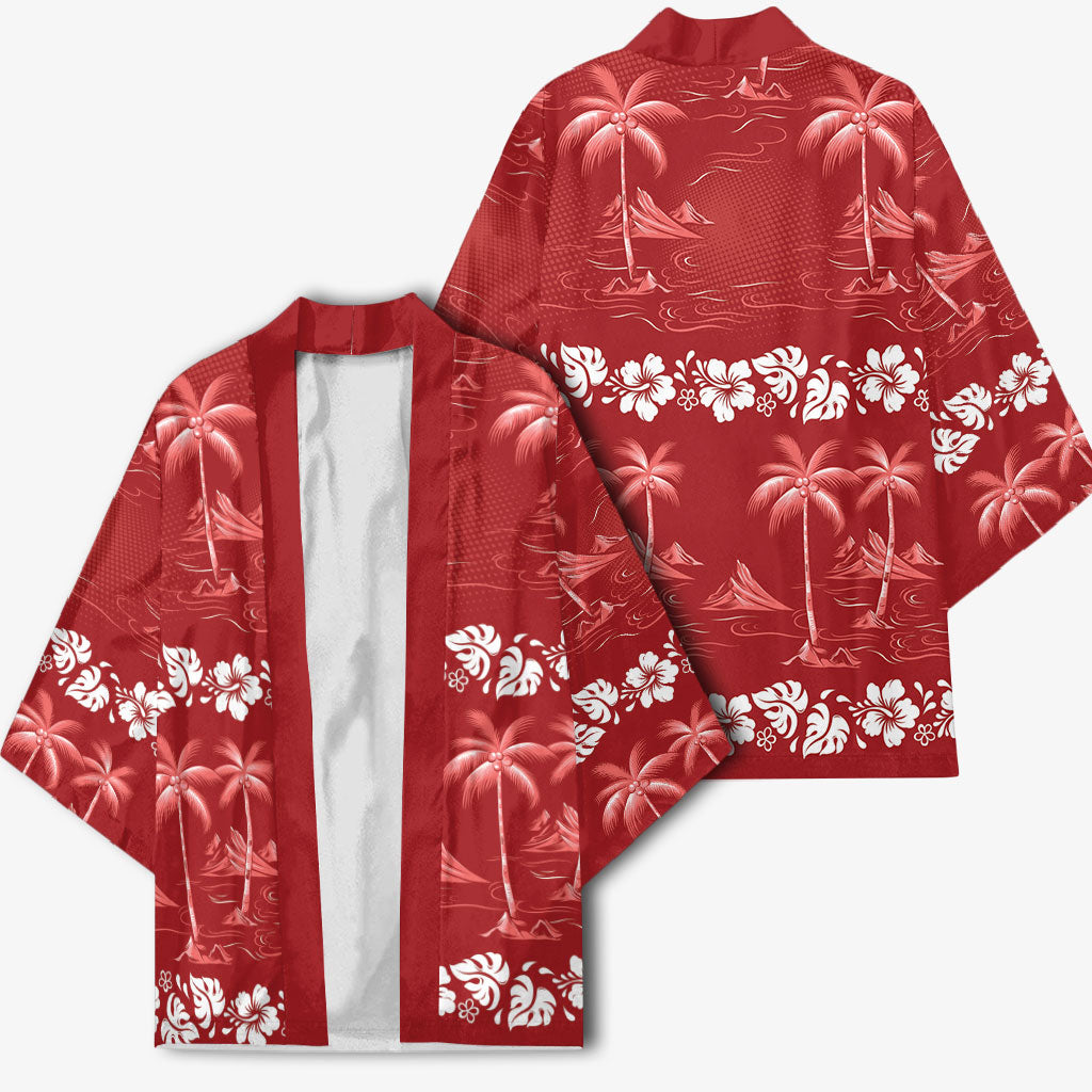 Red Hawaii Palm Tree Hibiscus Kimono Fantasy Summer Vibe
