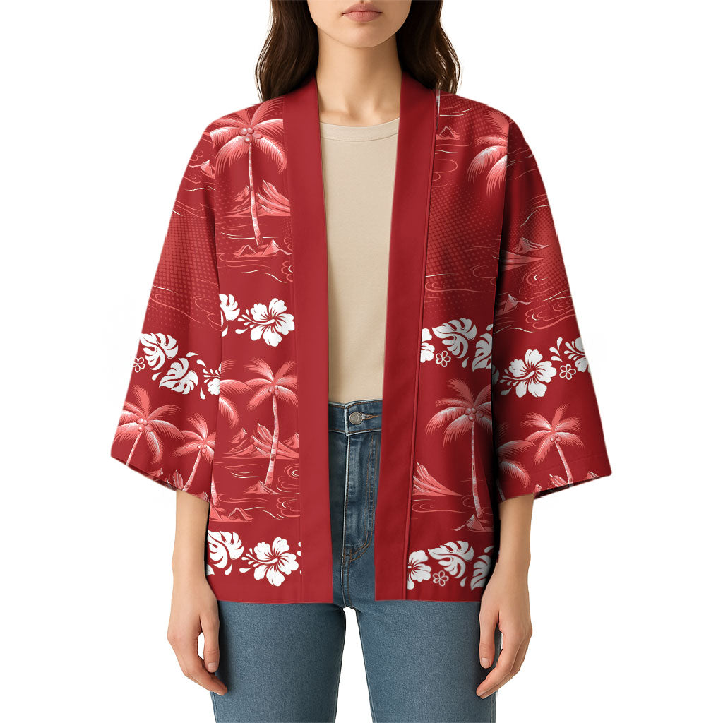 Red Hawaii Palm Tree Hibiscus Kimono Fantasy Summer Vibe