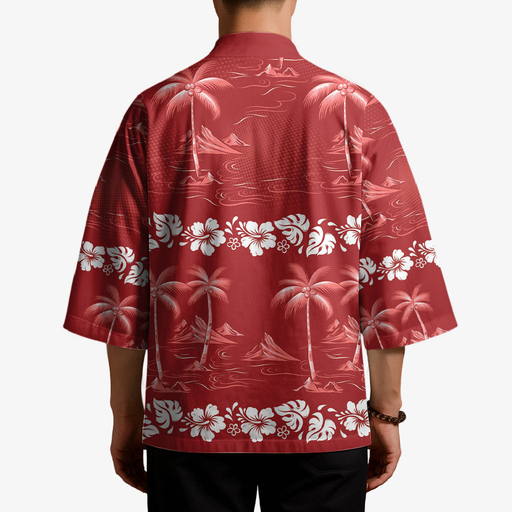 Red Hawaii Palm Tree Hibiscus Kimono Fantasy Summer Vibe