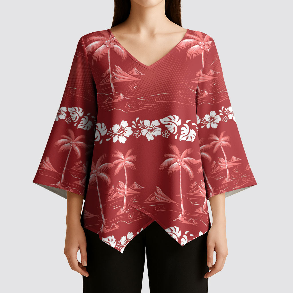 Red Hawaii Palm Tree Hibiscus Kimono Sleeve Blouse Fantasy Summer Vibe