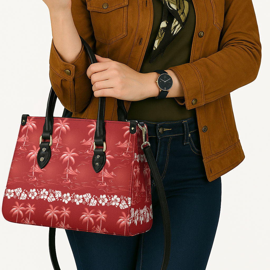 Red Hawaii Palm Tree Hibiscus Leather Bag Fantasy Summer Vibe LT01 - Polynesian Pride