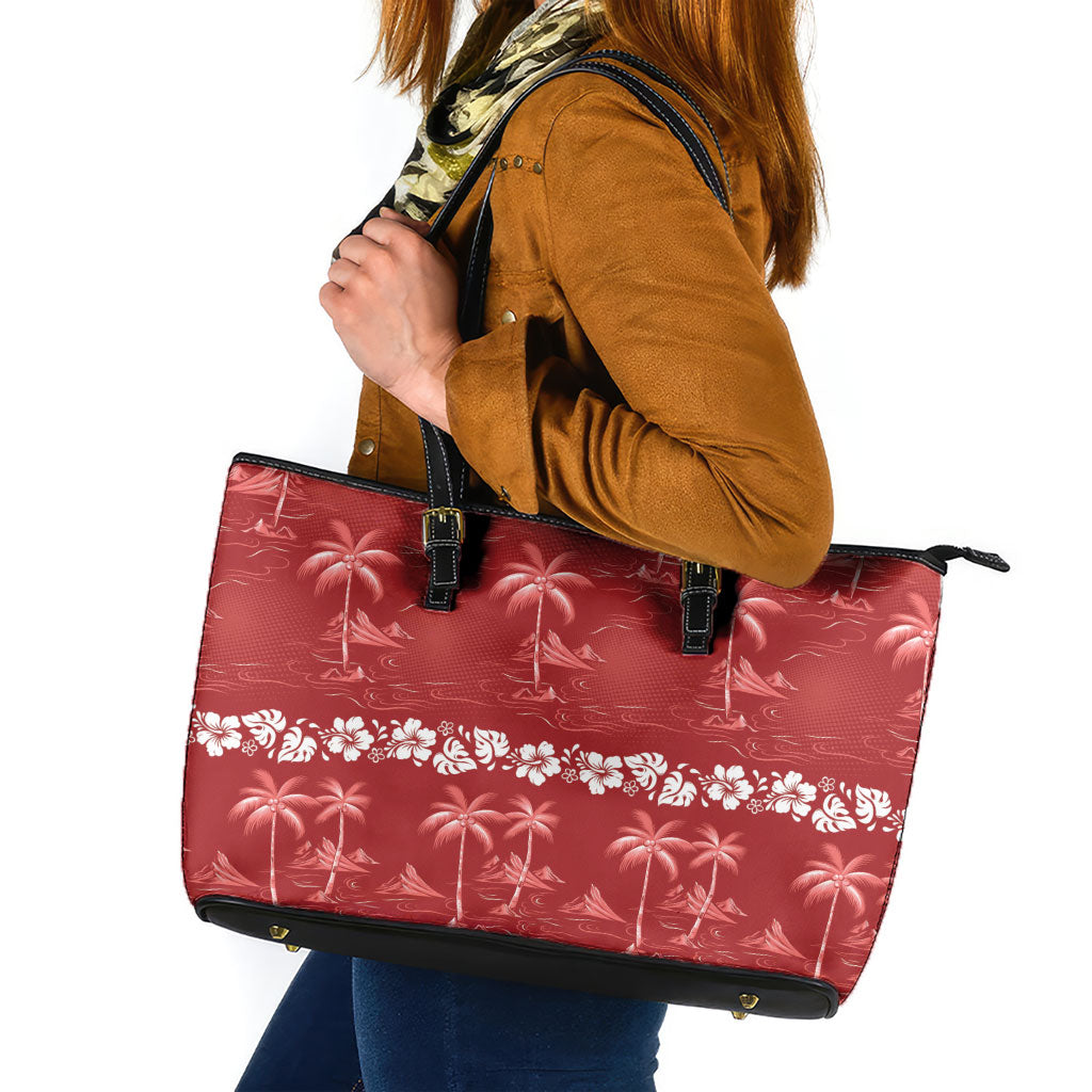 Red Hawaii Palm Tree Hibiscus Leather Tote Bag Fantasy Summer Vibe LT01 Red - Polynesian Pride