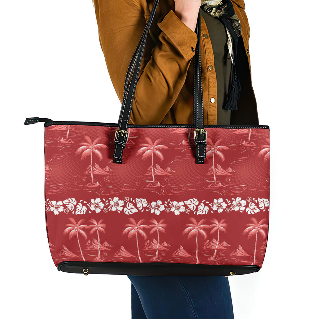 Red Hawaii Palm Tree Hibiscus Leather Tote Bag Fantasy Summer Vibe LT01 - Polynesian Pride