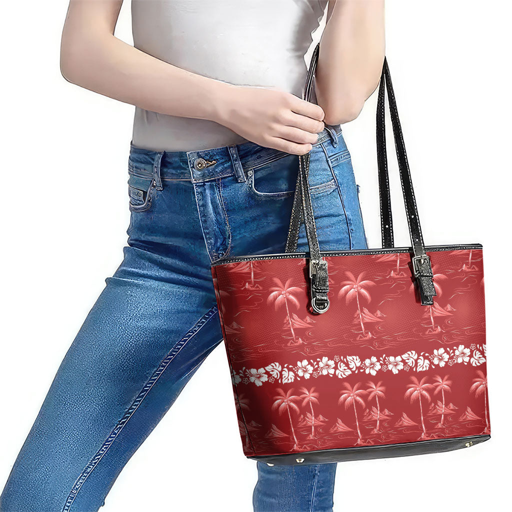 Red Hawaii Palm Tree Hibiscus Leather Tote Bag Fantasy Summer Vibe LT01 - Polynesian Pride