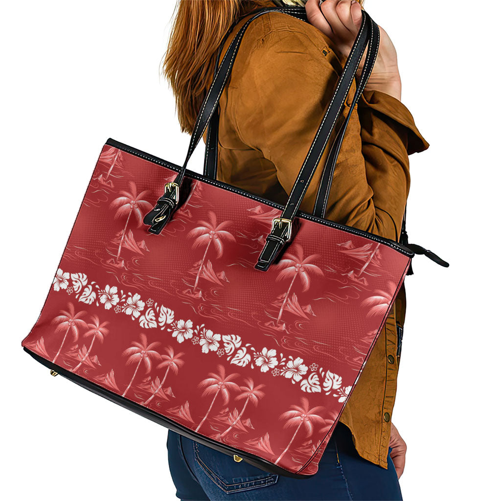 Red Hawaii Palm Tree Hibiscus Leather Tote Bag Fantasy Summer Vibe LT01 - Polynesian Pride