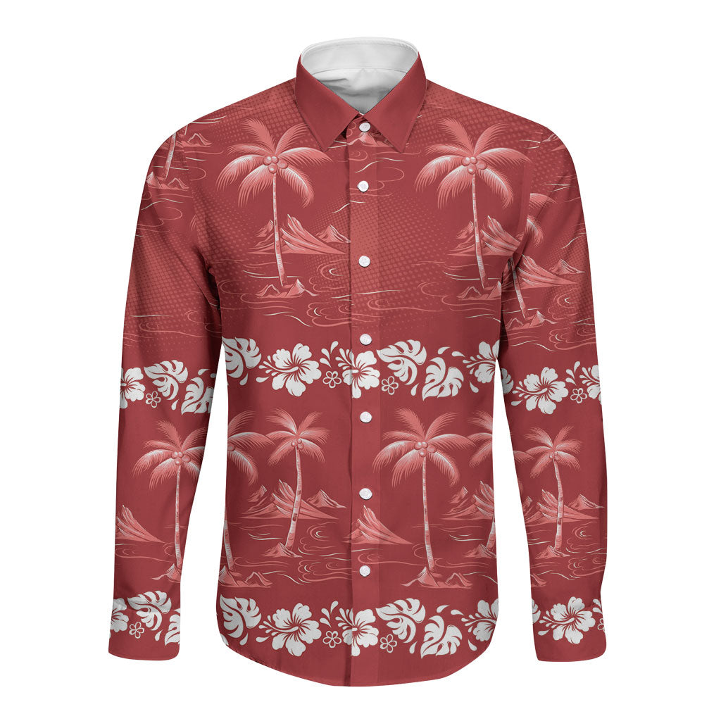 Red Hawaii Palm Tree Hibiscus Long Sleeve Button Shirt Fantasy Summer Vibe