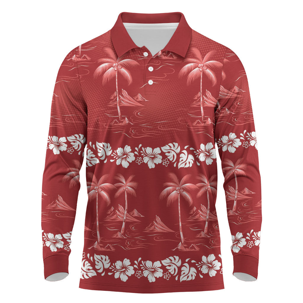 Red Hawaii Palm Tree Hibiscus Long Sleeve Polo Shirt Fantasy Summer Vibe LT01 Red - Polynesian Pride