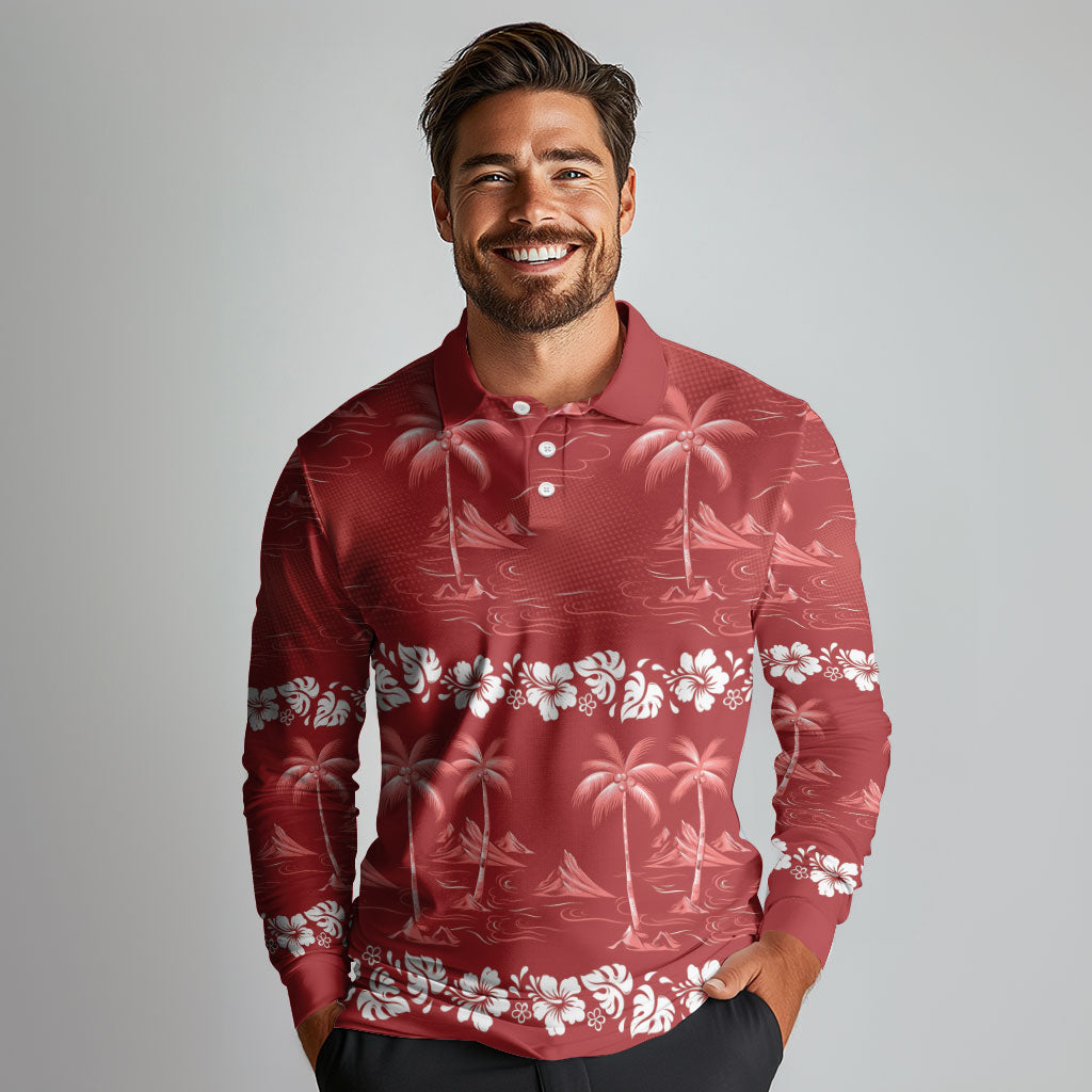 Red Hawaii Palm Tree Hibiscus Long Sleeve Polo Shirt Fantasy Summer Vibe LT01 - Polynesian Pride