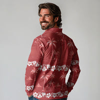 Red Hawaii Palm Tree Hibiscus Long Sleeve Polo Shirt Fantasy Summer Vibe LT01 - Polynesian Pride