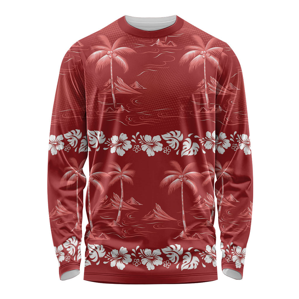 Red Hawaii Palm Tree Hibiscus Long Sleeve Shirt Fantasy Summer Vibe