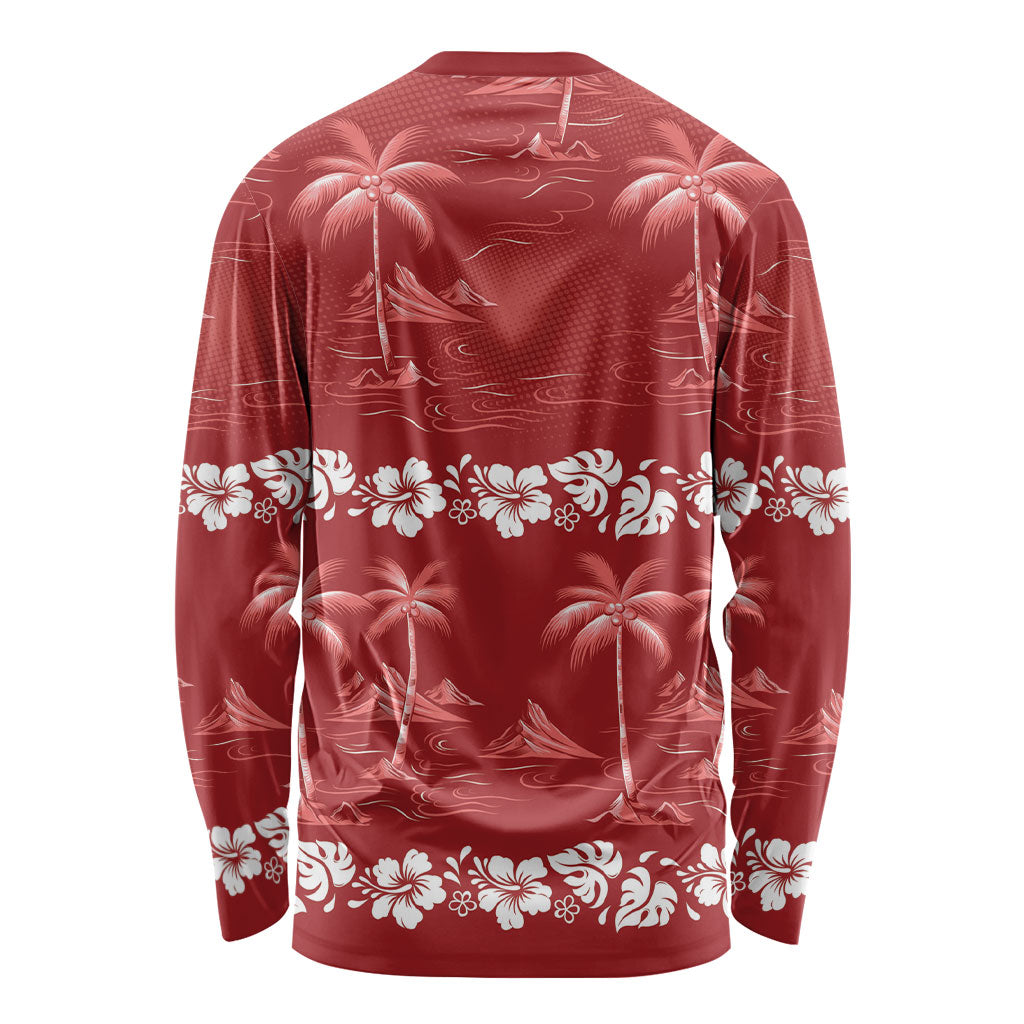Red Hawaii Palm Tree Hibiscus Long Sleeve Shirt Fantasy Summer Vibe