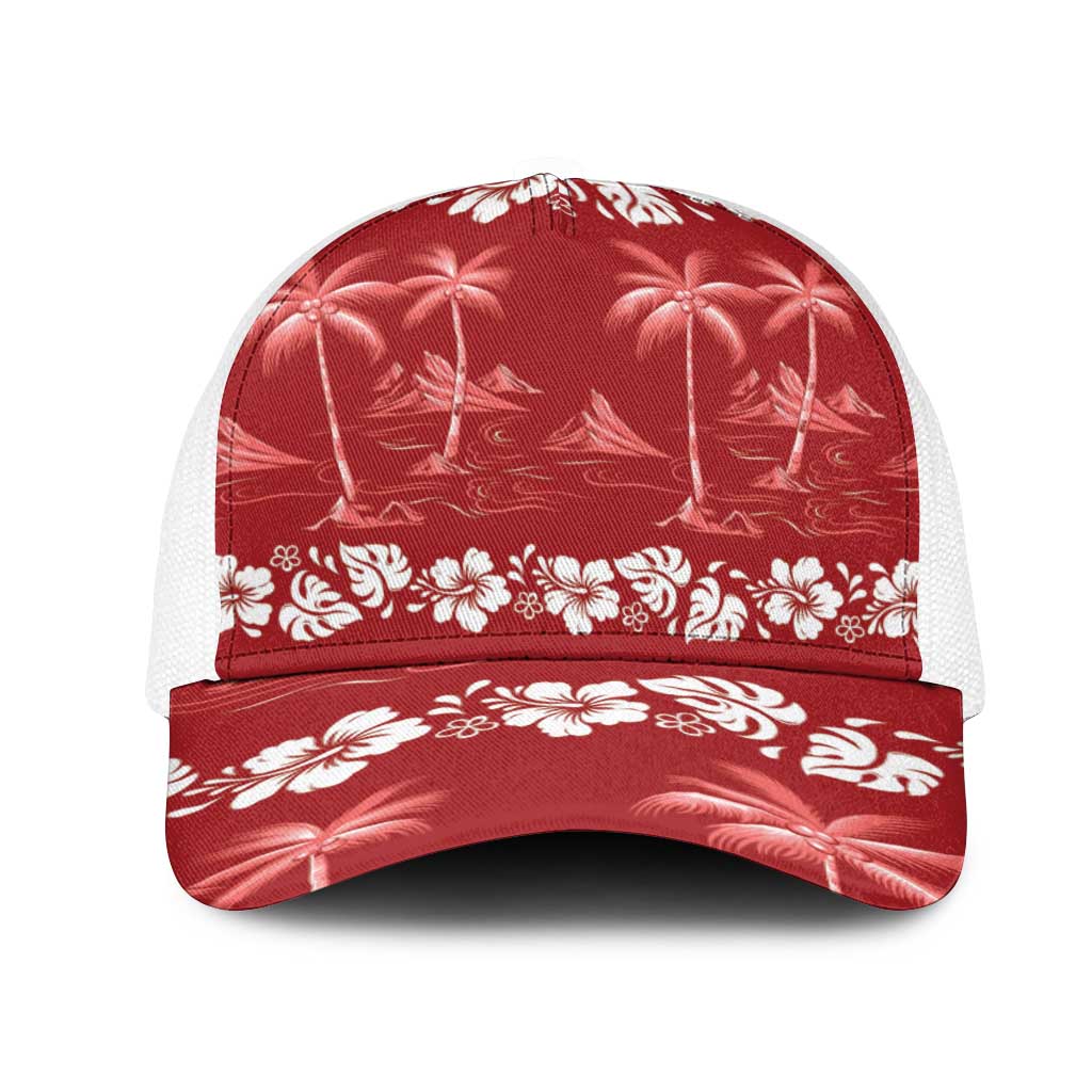 Red Hawaii Palm Tree Hibiscus Mesh Trucker Cap Fantasy Summer Vibe