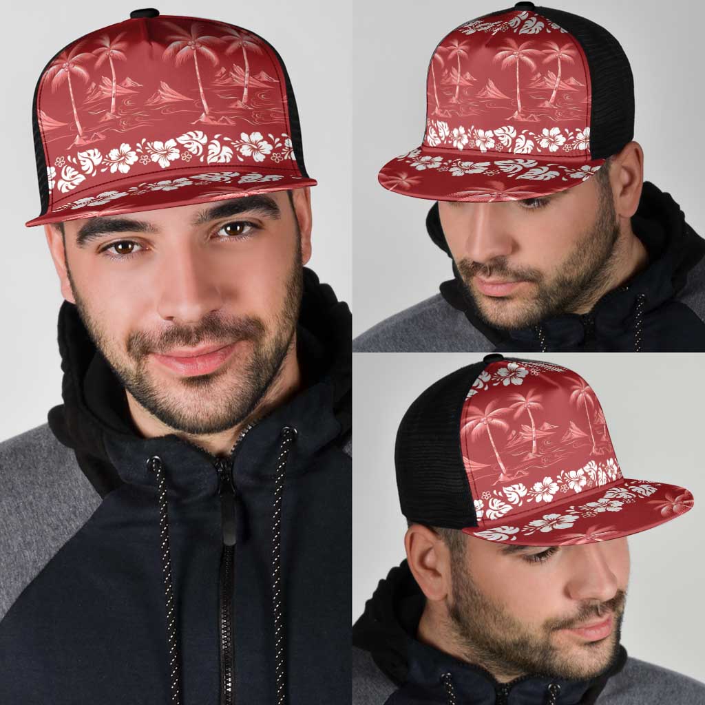 Red Hawaii Palm Tree Hibiscus Mesh Trucker Cap Fantasy Summer Vibe LT01 - Polynesian Pride