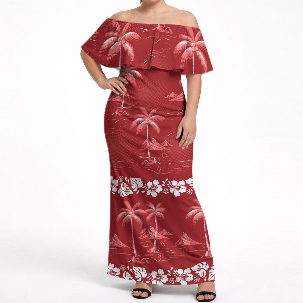 Red Hawaii Palm Tree Hibiscus Off Shoulder Maxi Dress Fantasy Summer Vibe