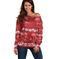 Red Hawaii Palm Tree Hibiscus Off Shoulder Sweater Fantasy Summer Vibe LT01 Women Red - Polynesian Pride