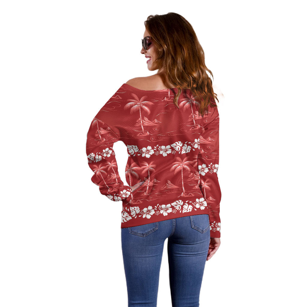 Red Hawaii Palm Tree Hibiscus Off Shoulder Sweater Fantasy Summer Vibe LT01 - Polynesian Pride