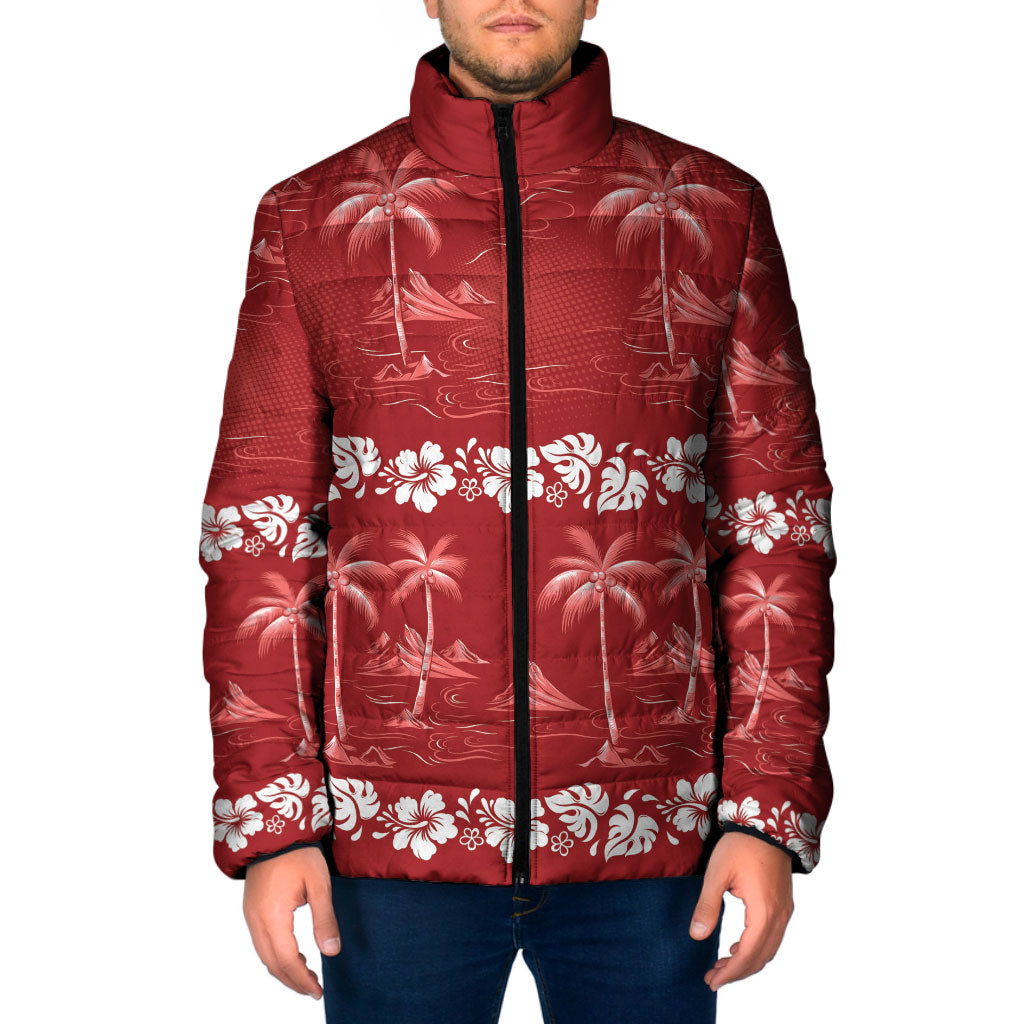 Red Hawaii Palm Tree Hibiscus Padded Jacket Fantasy Summer Vibe