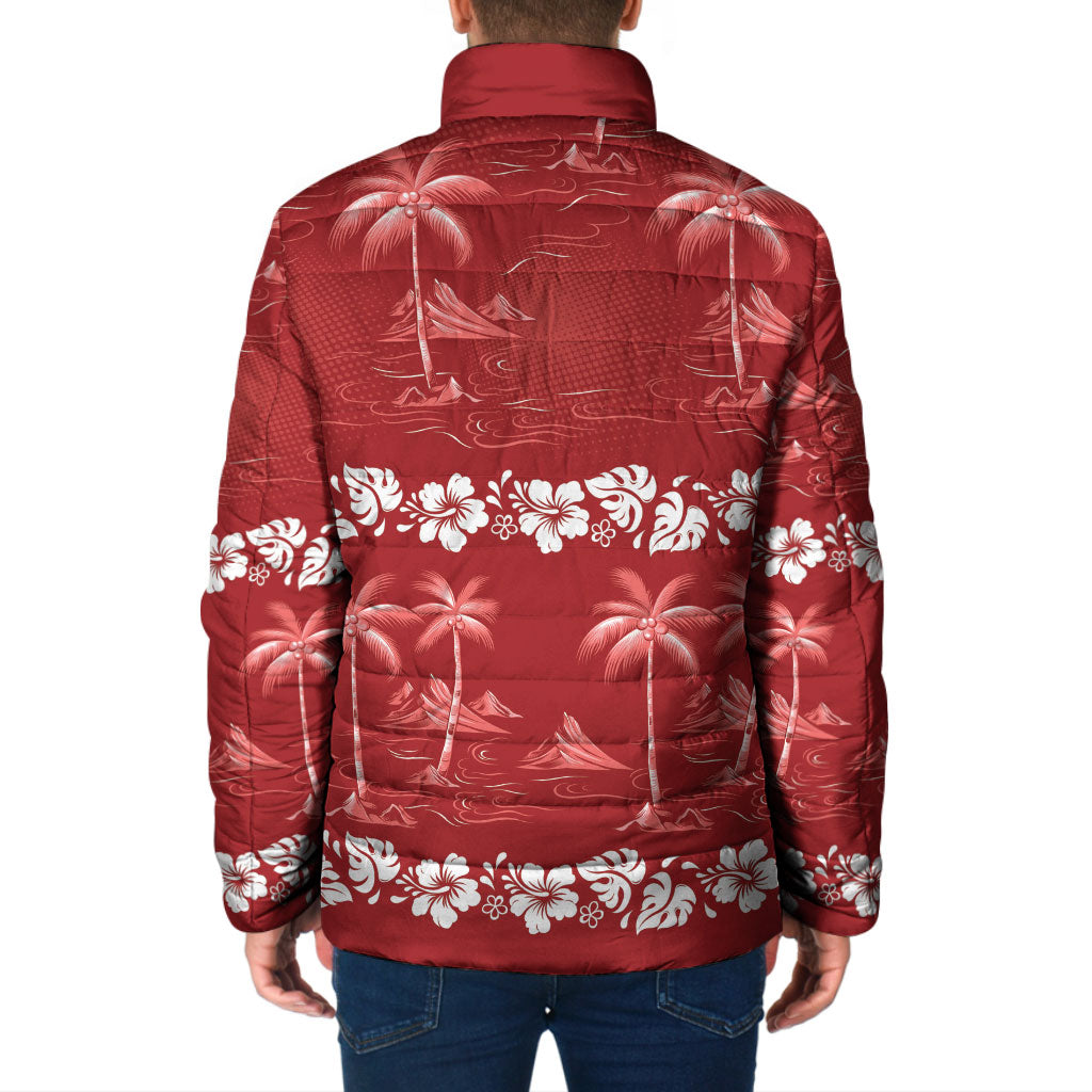 Red Hawaii Palm Tree Hibiscus Padded Jacket Fantasy Summer Vibe