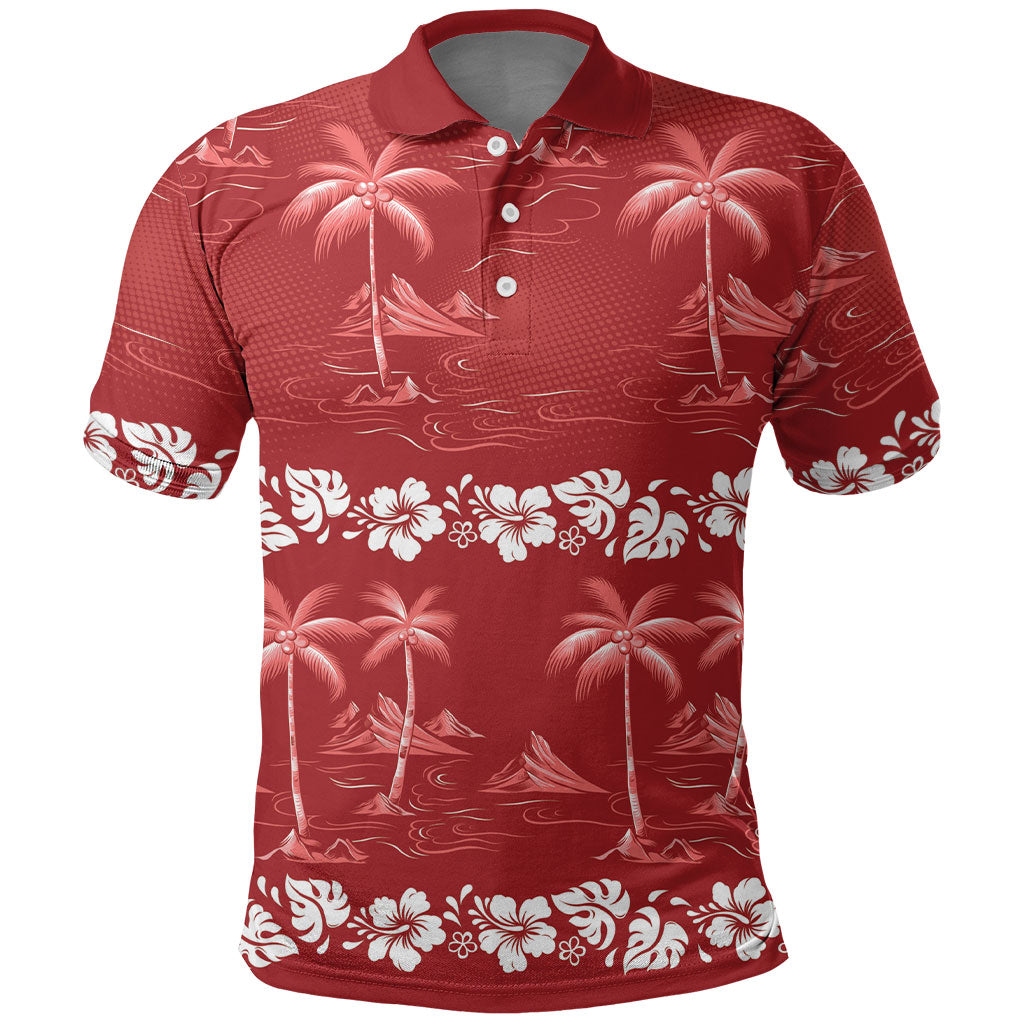 Red Hawaii Palm Tree Hibiscus Polo Shirt Fantasy Summer Vibe LT01 Red - Polynesian Pride