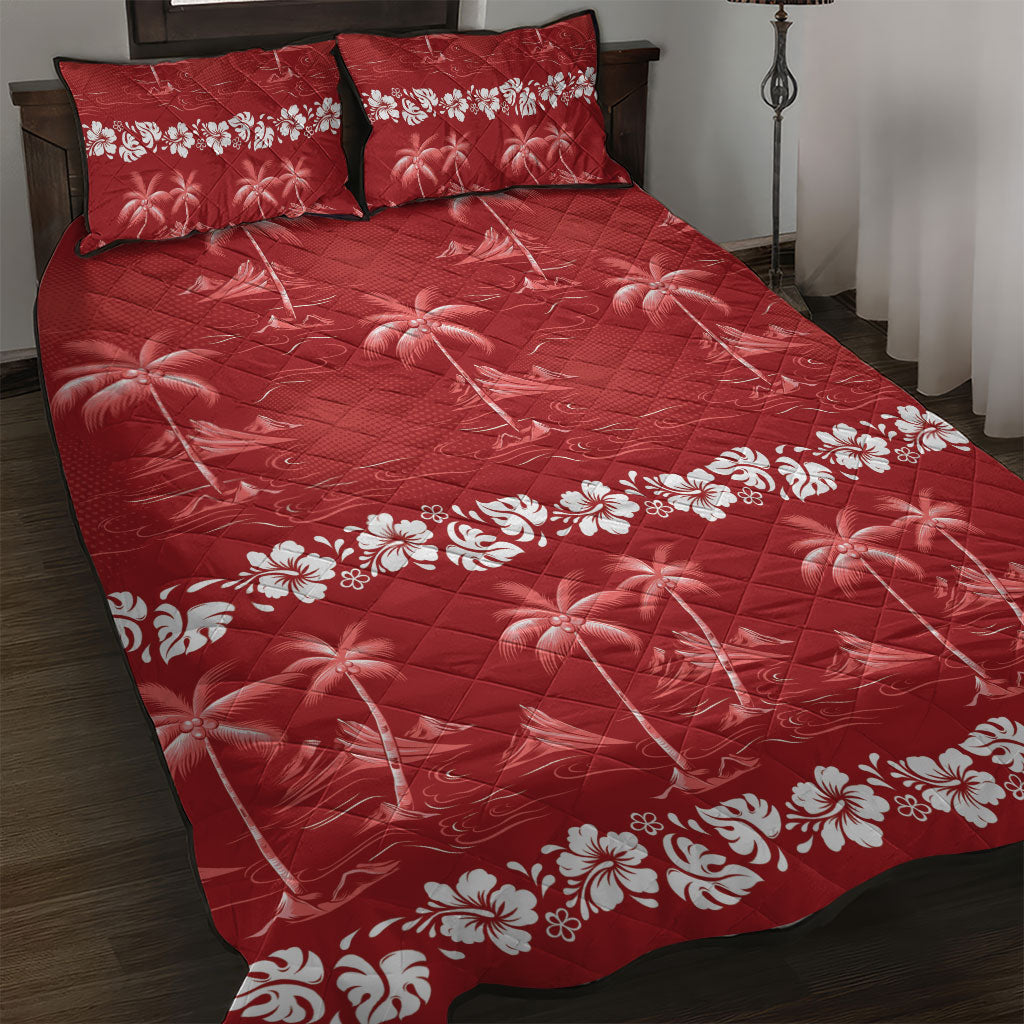 Red Hawaii Palm Tree Hibiscus Quilt Bed Set Fantasy Summer Vibe