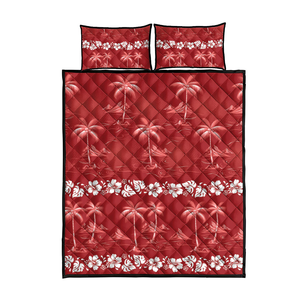Red Hawaii Palm Tree Hibiscus Quilt Bed Set Fantasy Summer Vibe
