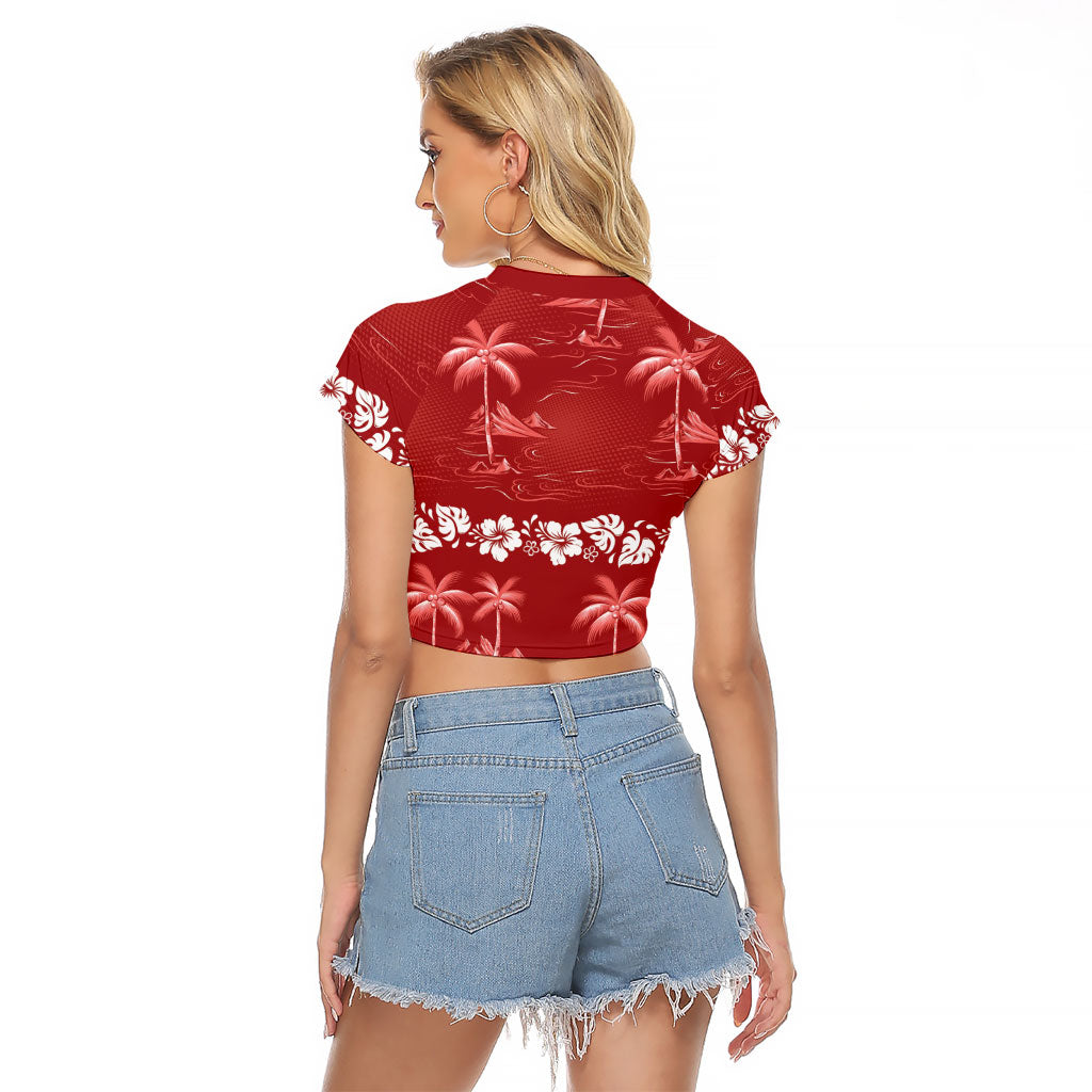 Red Hawaii Palm Tree Hibiscus Raglan Cropped T Shirt Fantasy Summer Vibe LT01 - Polynesian Pride