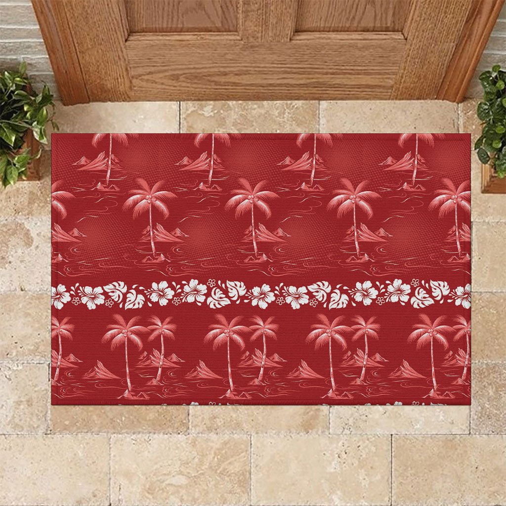 Red Hawaii Palm Tree Hibiscus Rubber Doormat Fantasy Summer Vibe