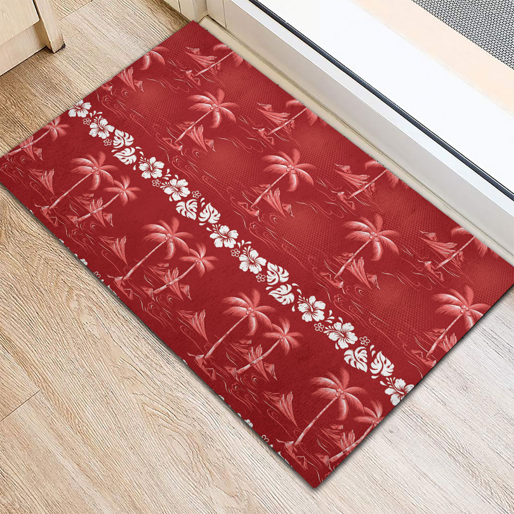 Red Hawaii Palm Tree Hibiscus Rubber Doormat Fantasy Summer Vibe