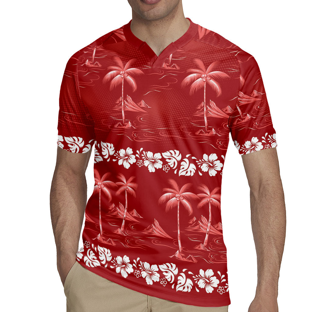 Red Hawaii Palm Tree Hibiscus Rugby Jersey Fantasy Summer Vibe
