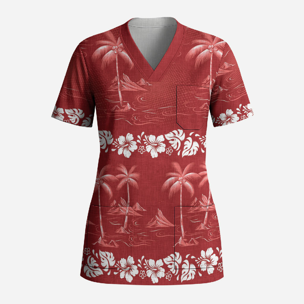 Red Hawaii Palm Tree Hibiscus Scrub Top Fantasy Summer Vibe LT01 Adult Red - Polynesian Pride