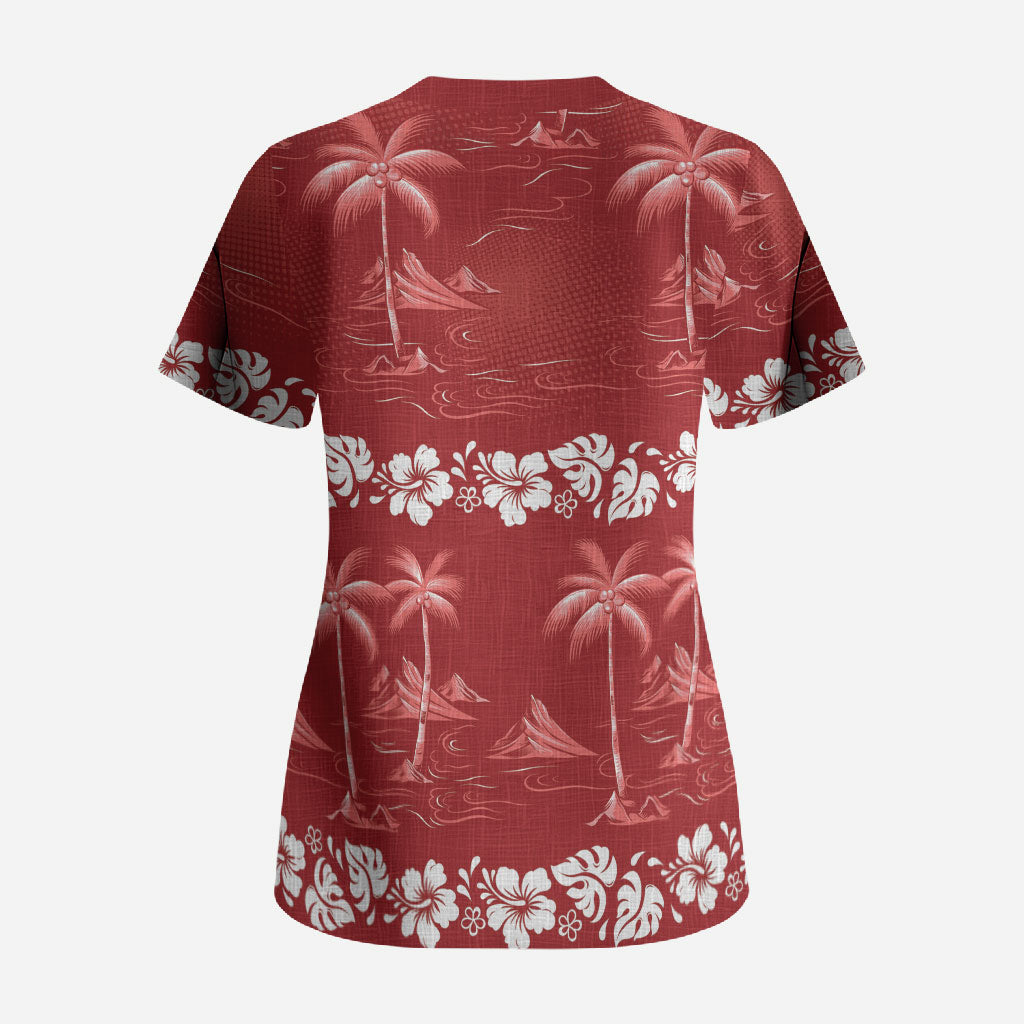 Red Hawaii Palm Tree Hibiscus Scrub Top Fantasy Summer Vibe LT01 - Polynesian Pride